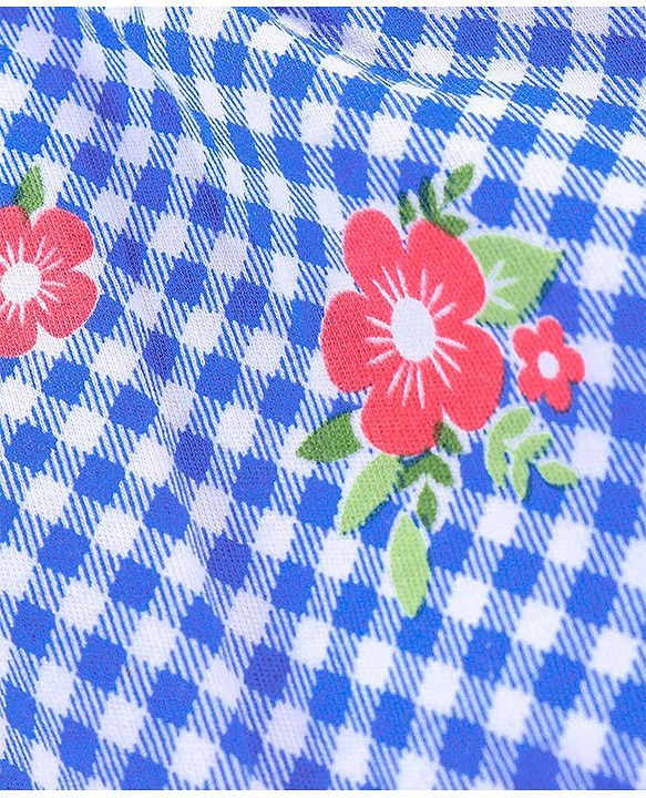 Babyhug Single Jersey Cotton Knit Checked Dungaree with Half Sleeves Tee Floral Print - Coral & Blue