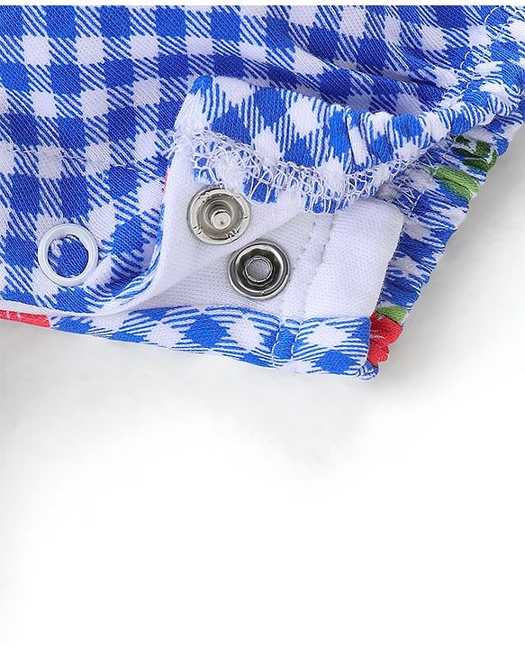 Babyhug Single Jersey Cotton Knit Checked Dungaree with Half Sleeves Tee Floral Print - Coral & Blue