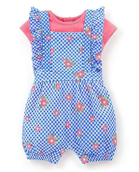 Babyhug Single Jersey Cotton Knit Checked Dungaree with Half Sleeves Tee Floral Print - Coral & Blue