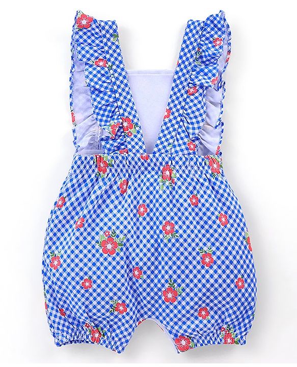 Babyhug Single Jersey Cotton Knit Checked Dungaree with Half Sleeves Tee Floral Print - Coral & Blue