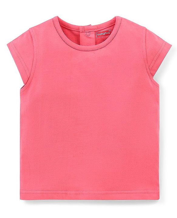 Babyhug Single Jersey Cotton Knit Checked Dungaree with Half Sleeves Tee Floral Print - Coral & Blue