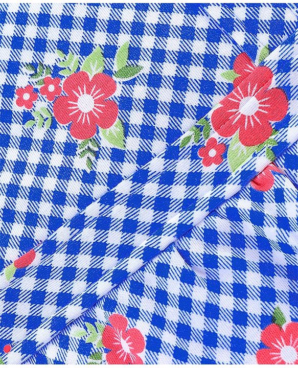 Babyhug Single Jersey Cotton Knit Checked Dungaree with Half Sleeves Tee Floral Print - Coral & Blue