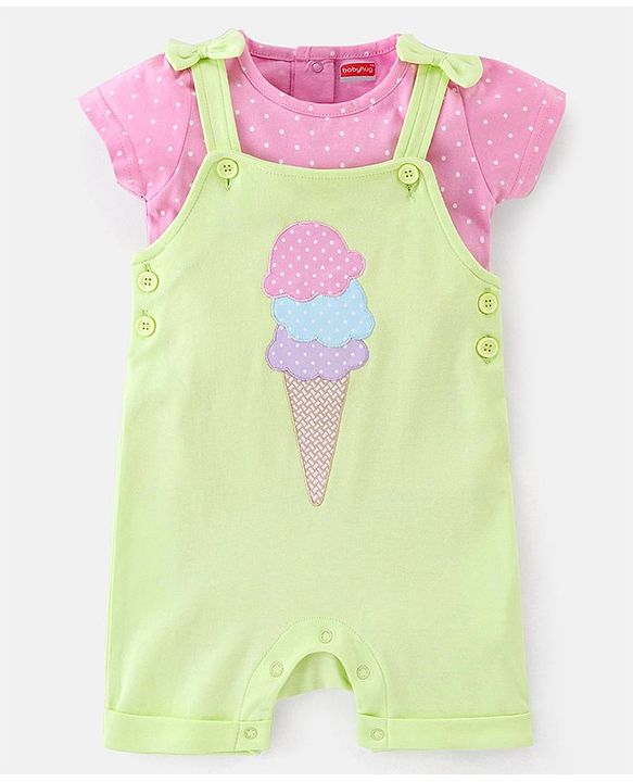 Babyhug 100% Cotton Dungaree With Half Sleeves Inner Tee With Ice Cream Embroidered & Polka Print - Green & Pink