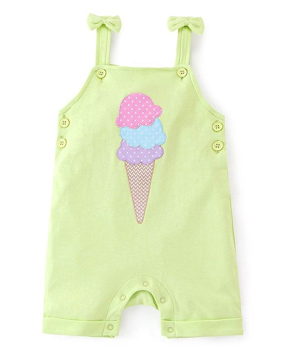 Babyhug 100% Cotton Dungaree With Half Sleeves Inner Tee With Ice Cream Embroidered & Polka Print - Green & Pink