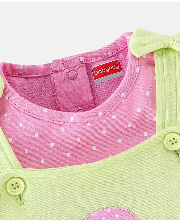 Babyhug 100% Cotton Dungaree With Half Sleeves Inner Tee With Ice Cream Embroidered & Polka Print - Green & Pink