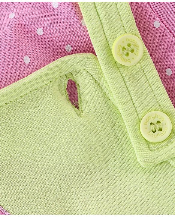 Babyhug 100% Cotton Dungaree With Half Sleeves Inner Tee With Ice Cream Embroidered & Polka Print - Green & Pink