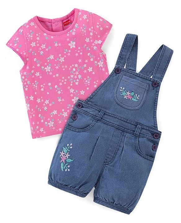 Babyhug Cotton Knit Dungaree with Cap Sleeves Inner Tee Floral Print - Pink & Blue