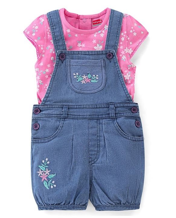 Babyhug Cotton Knit Dungaree with Cap Sleeves Inner Tee Floral Print - Pink & Blue