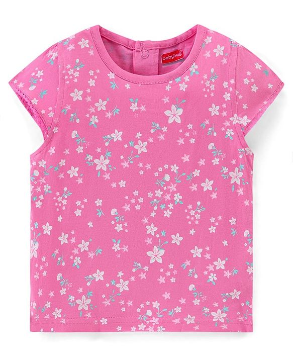 Babyhug Cotton Knit Dungaree with Cap Sleeves Inner Tee Floral Print - Pink & Blue