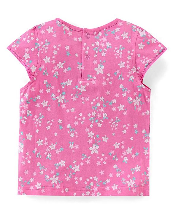 Babyhug Cotton Knit Dungaree with Cap Sleeves Inner Tee Floral Print - Pink & Blue