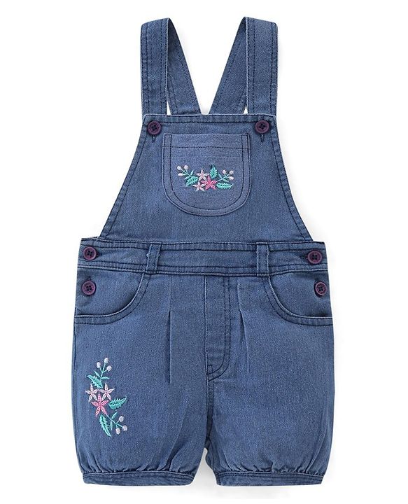 Babyhug Cotton Knit Dungaree with Cap Sleeves Inner Tee Floral Print - Pink & Blue