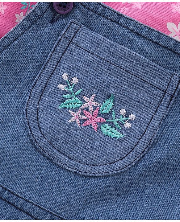 Babyhug Cotton Knit Dungaree with Cap Sleeves Inner Tee Floral Print - Pink & Blue