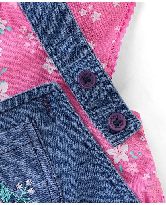 Babyhug Cotton Knit Dungaree with Cap Sleeves Inner Tee Floral Print - Pink & Blue