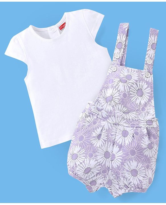 Babyhug 100% Cotton Knit Floral Print Dungaree with Half Sleeves Inner Tee - White & Lilac