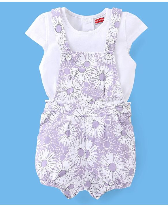 Babyhug 100% Cotton Knit Floral Print Dungaree with Half Sleeves Inner Tee - White & Lilac