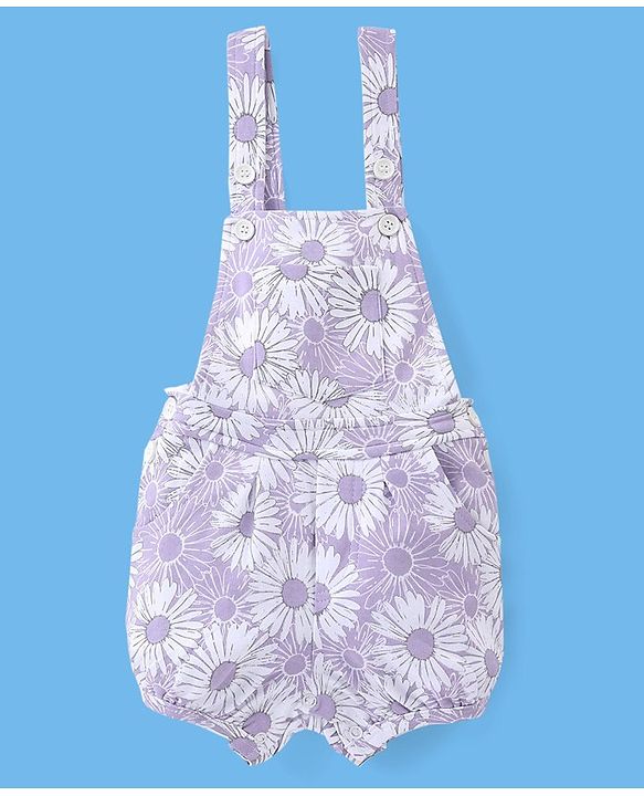 Babyhug 100% Cotton Knit Floral Print Dungaree with Half Sleeves Inner Tee - White & Lilac