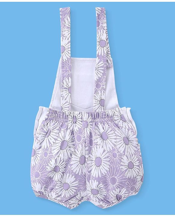 Babyhug 100% Cotton Knit Floral Print Dungaree with Half Sleeves Inner Tee - White & Lilac
