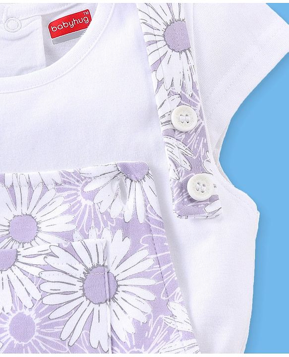 Babyhug 100% Cotton Knit Floral Print Dungaree with Half Sleeves Inner Tee - White & Lilac