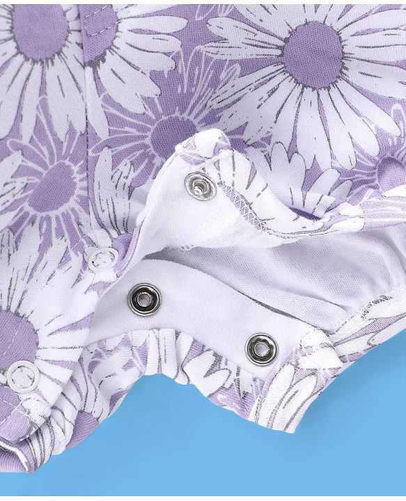 Babyhug 100% Cotton Knit Floral Print Dungaree with Half Sleeves Inner Tee - White & Lilac