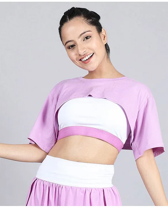 Dchica Half Sleeves Solid Racerback Sports Bra & Bust Cut Cropped Top For  Underarm And Cleavage Coverage Purple & White Online in India, Buy at Best  Price from  - 13758283