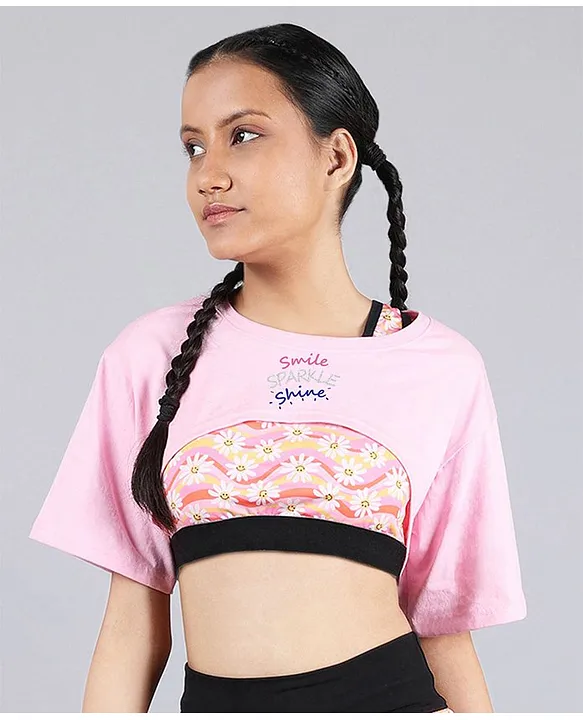 Dchica Half Sleeves Solid Bust Cut Cropped Top For Underarm And Cleavage  Coverage With Seamless Swirls & Flower Printed Racerback Sports Bra Peach  Online in India, Buy at Best Price from  