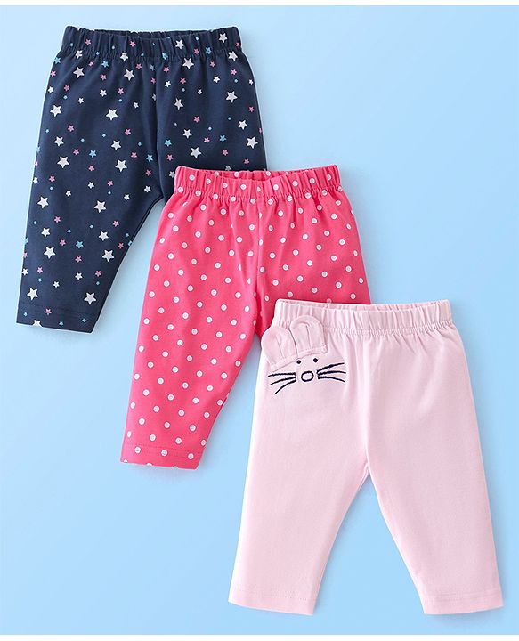 Babyhug Cotton Lycra Three Fourth Leggings Dot & Star Print Pack of 3 - Blue Pink & Peach