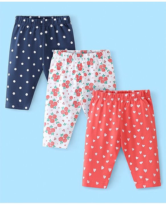 Babyhug Cotton Lycra Three Fourth Length Leggings Heart & Floral Print Pack Of 3- Red White & Blue