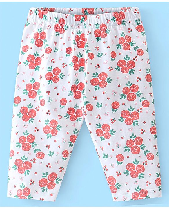 Babyhug Cotton Lycra Three Fourth Length Leggings Heart & Floral Print Pack Of 3- Red White & Blue