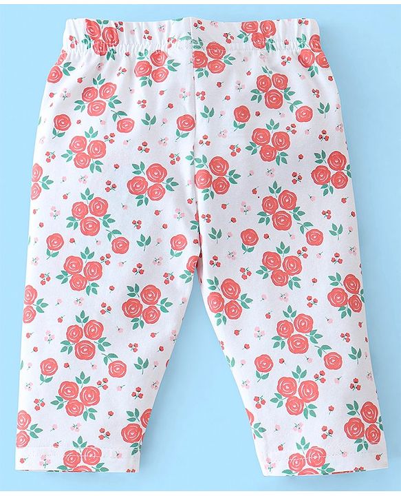 Babyhug Cotton Lycra Three Fourth Length Leggings Heart & Floral Print Pack Of 3- Red White & Blue