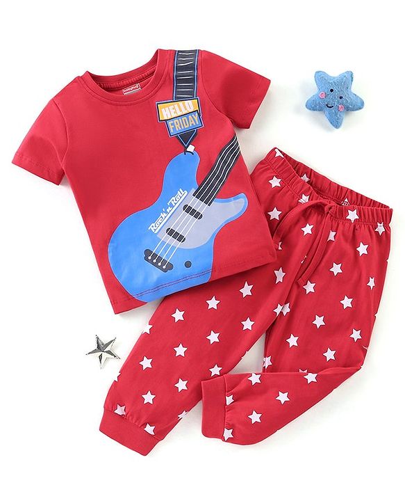 Babyhug Cotton Knit Half Sleeves Night Suit Guitar Print - Red