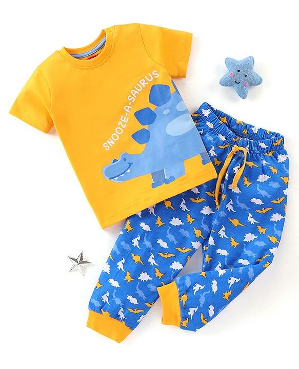 Babyhug Cotton Knit Half Sleeves Night Suit Dino Print - Blue & Yellow