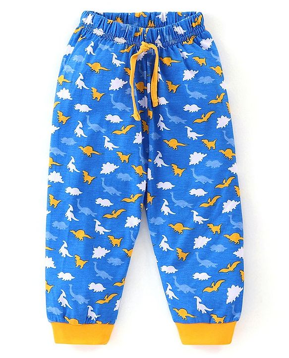 Babyhug Cotton Knit Half Sleeves Night Suit Dino Print - Blue & Yellow