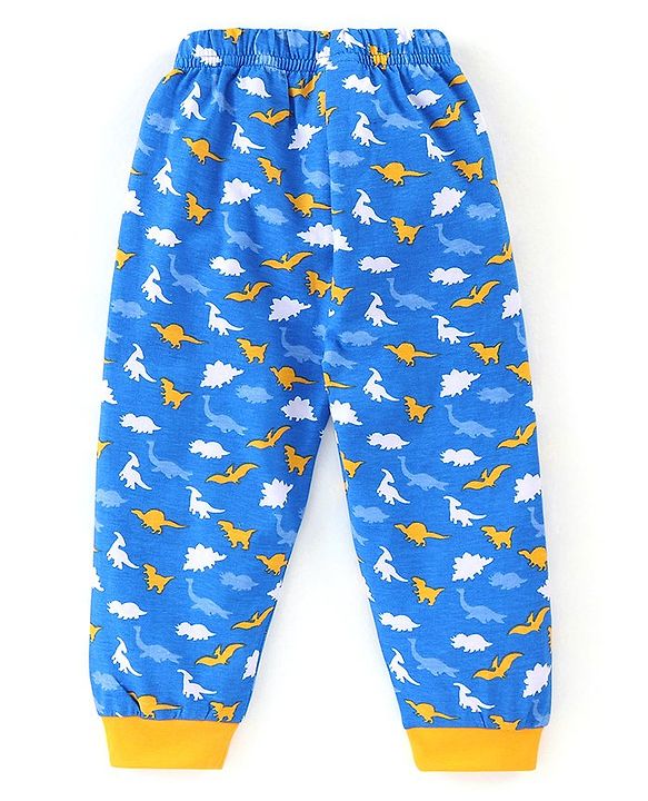 Babyhug Cotton Knit Half Sleeves Night Suit Dino Print - Blue & Yellow