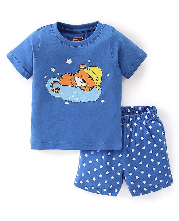 Babyhug Cotton Knit Half Sleeves Night Suit with Star Print - Blue