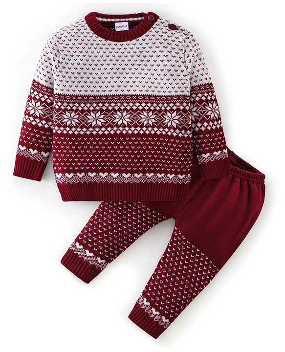 Babyhug Knit Full Sleeves Sweater Set Damask Design - Maroon
