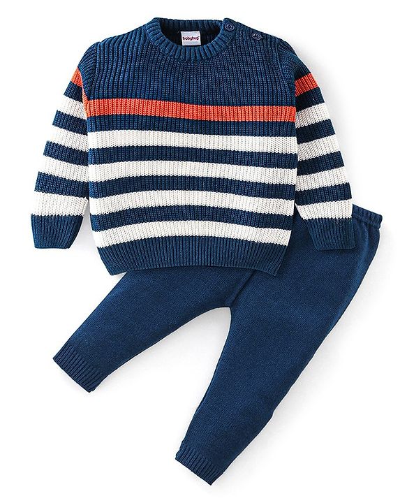 Babyhug Full Sleeves Sweater Set Striped - Navy Blue
