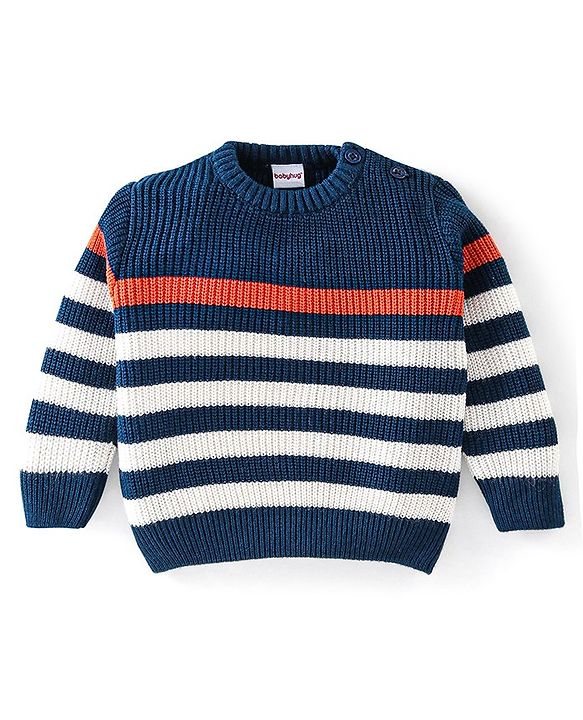 Babyhug Full Sleeves Sweater Set Striped - Navy Blue