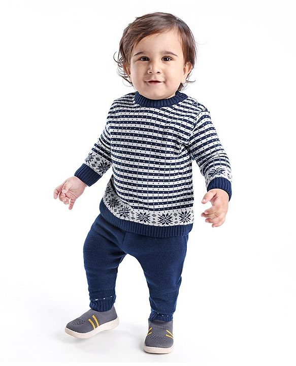 Babyhug Full Sleeves Striped Sweater with Pants Set - Navy Blue