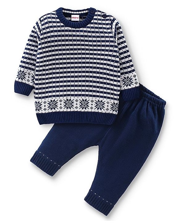 Babyhug Full Sleeves Striped Sweater with Pants Set - Navy Blue