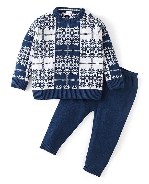 Babyhug Knit Full Sleeves Sweater Set Snowflakes Design - Navy Blue