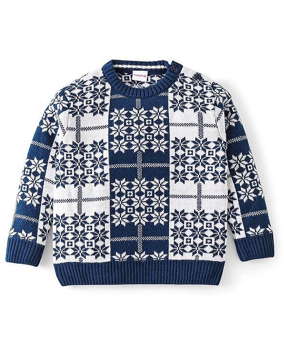 Babyhug Knit Full Sleeves Sweater Set Snowflakes Design - Navy Blue