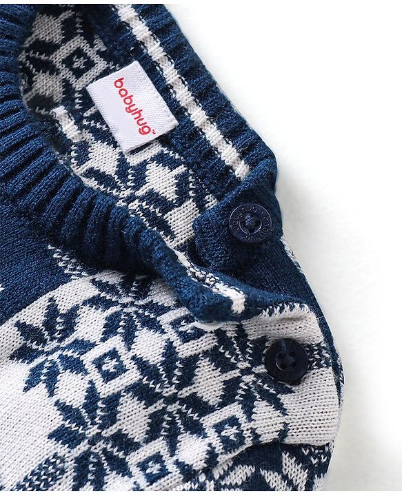 Babyhug Knit Full Sleeves Sweater Set Snowflakes Design - Navy Blue