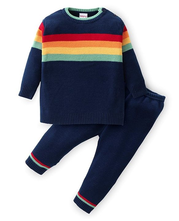 Babyhug Knitted Full Sleeves Striped Sweater Set - Navy