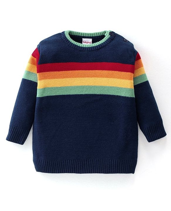 Babyhug Knitted Full Sleeves Striped Sweater Set - Navy