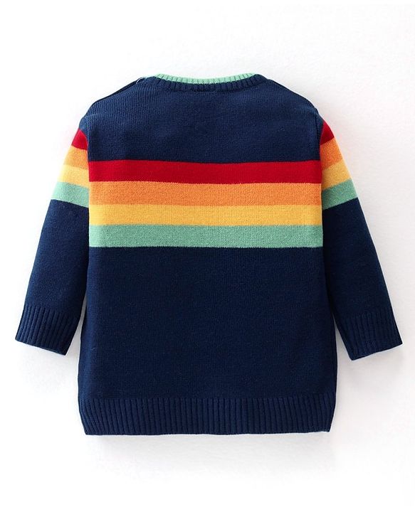 Babyhug Knitted Full Sleeves Striped Sweater Set - Navy
