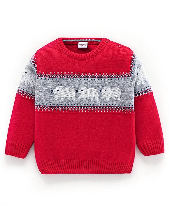 Babyhug Knit Full Sleeves Sweater Set Animal Design - Red