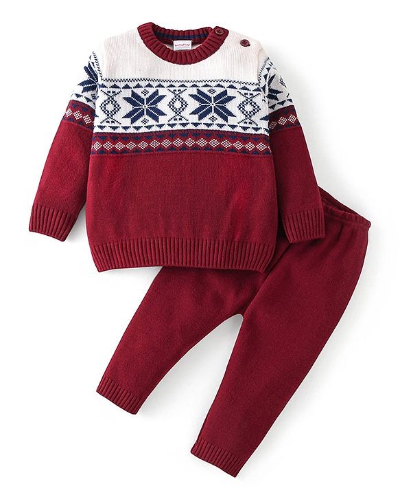 Babyhug Knit Full Sleeves Sweater Set Damask Design - Maroon