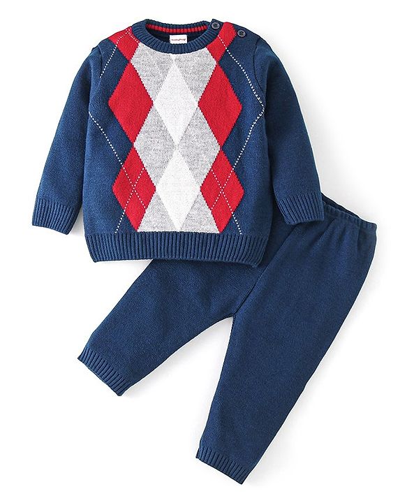 Babyhug Knit Full Sleeves Sweater Set Argyl Design - Navy Blue