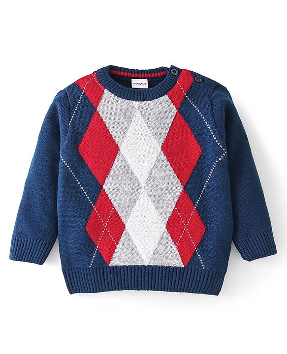 Babyhug Knit Full Sleeves Sweater Set Argyl Design - Navy Blue