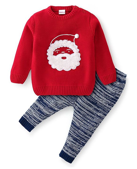 Babyhug Knitted Full Sleeves Santa Claus Design Sweater & Pajama Set - Red